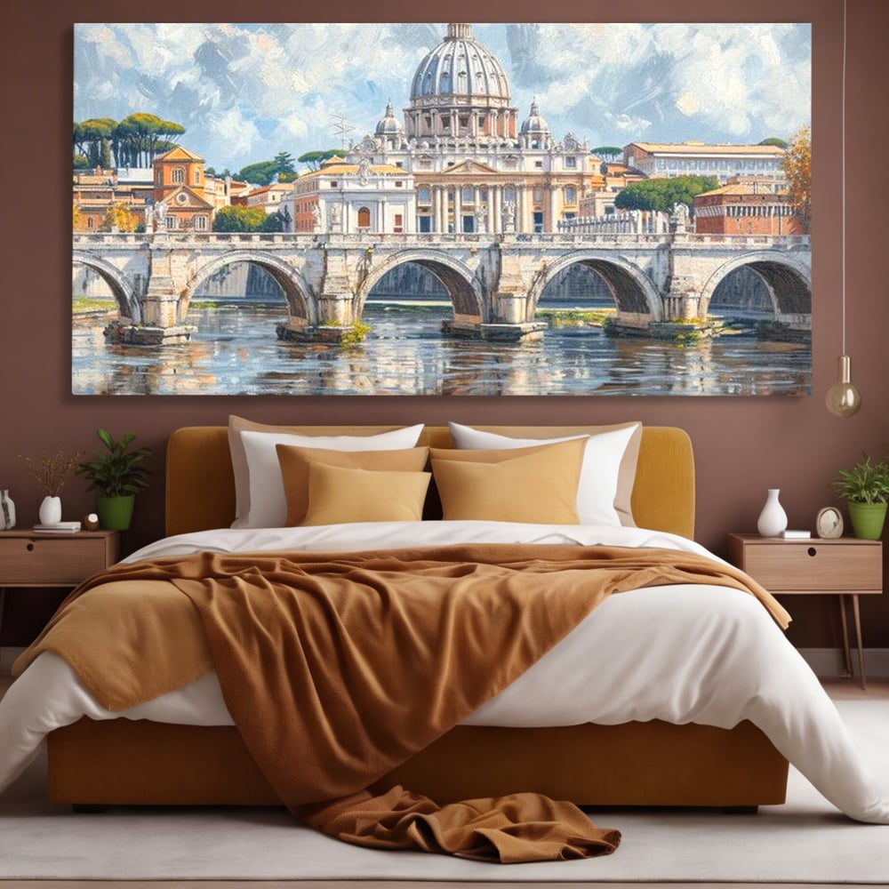 Tablou canvas cu tablou canvas cu podul si cupola vaticanului, fara rama, pe sasiu de lemn, pe perete intr-un dormitor